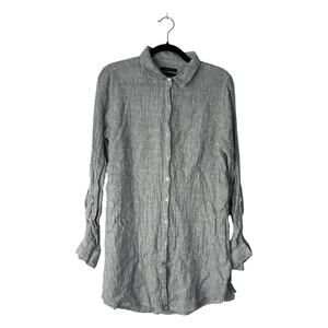 Tahari Top Womens Large Grey 100% Linen Gauzy Crinkle Tunic Roll Tab Minimalist